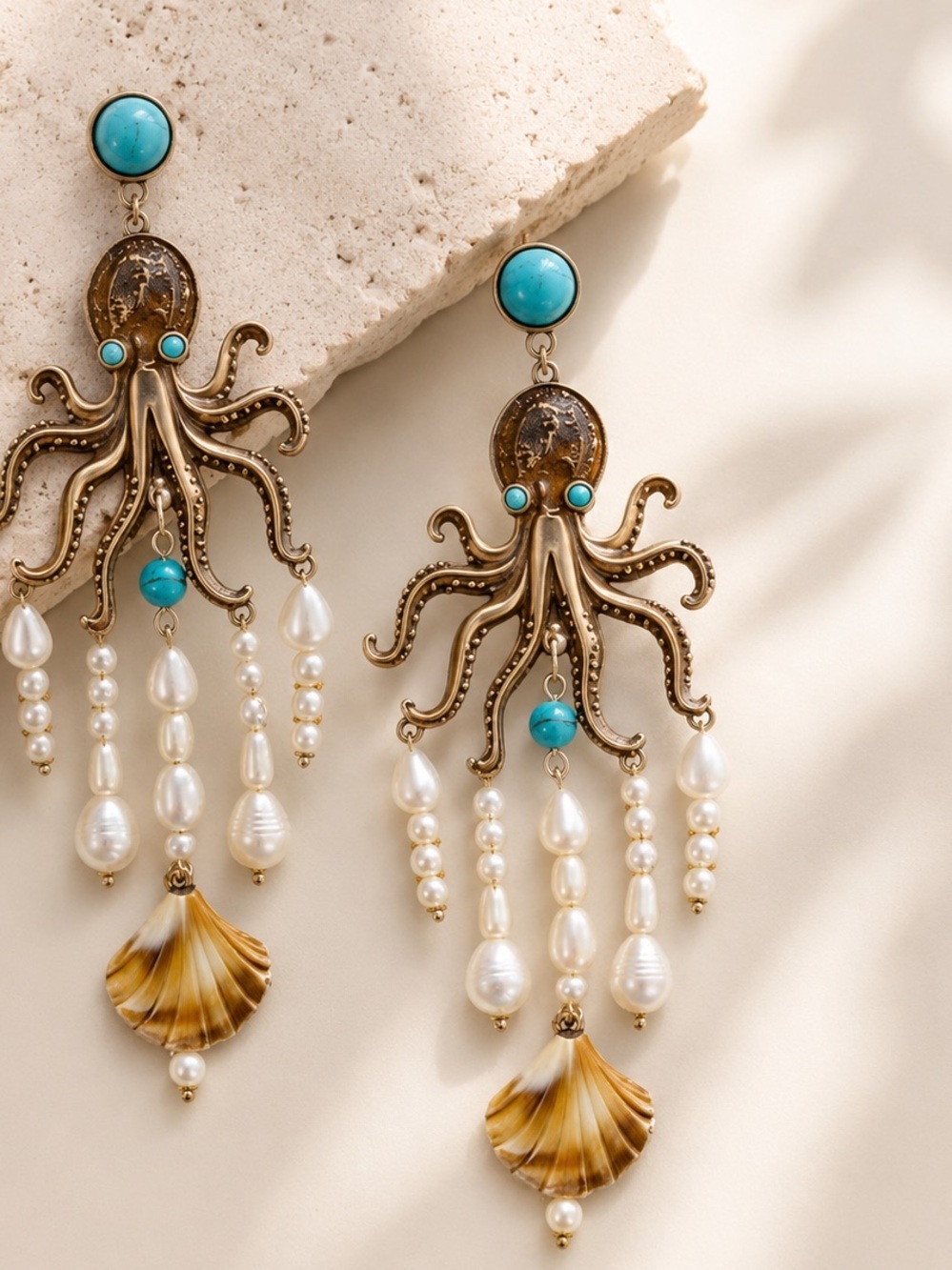 Ocean Breeze Octopus Pearl Statement Earrings |Turquoise & Shell Dangle Earrings - Picture 3 of 4